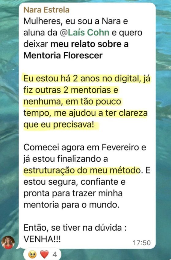 Print do depoimento da Nara sobre a Mentoria Florescer