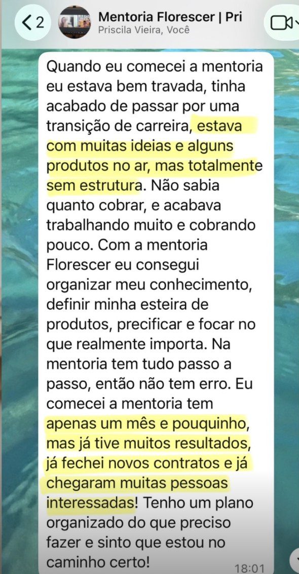 Print do depoimento da Pri sobre a Mentoria Florescer