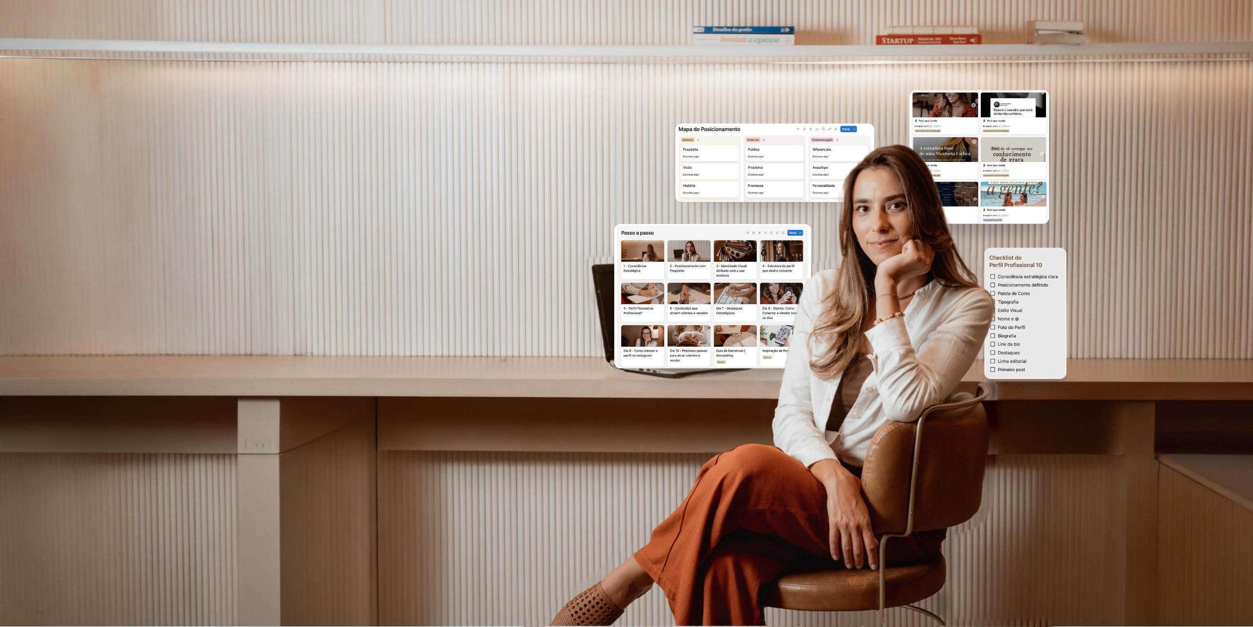 Laís Cohn sentada em seu escritório, com telas do Desafio INSTA10 ao redor: passo a passo, mapa do posicionamento, posts e checklist do perfil