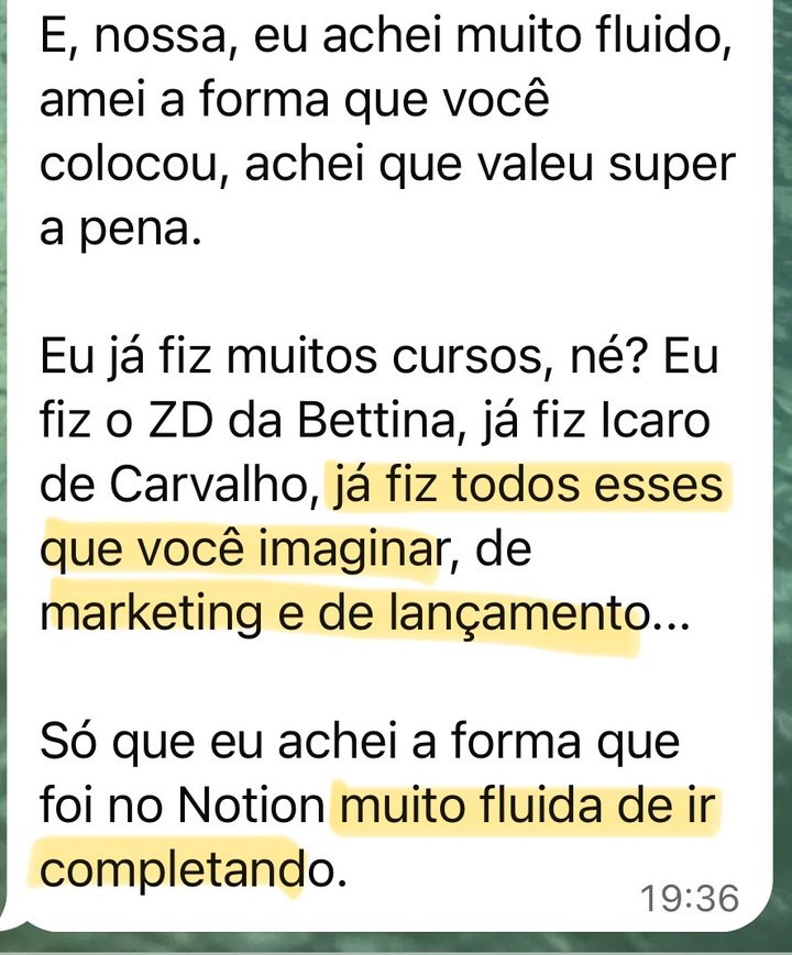 Depoimento de aluna: já fiz muitos cursos de marketing e de lançamento, mas achei a forma no Notion muito fluida de ir completando.