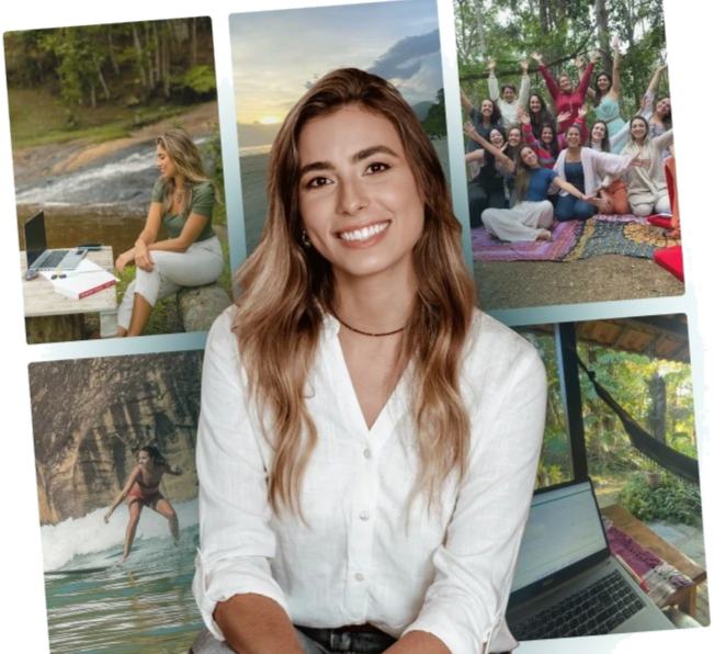 Laís sorrindo, com fotos ao fundo: trabalhando ao ar livre, surfando, em um encontro com alunas e com o notebook em uma varanda