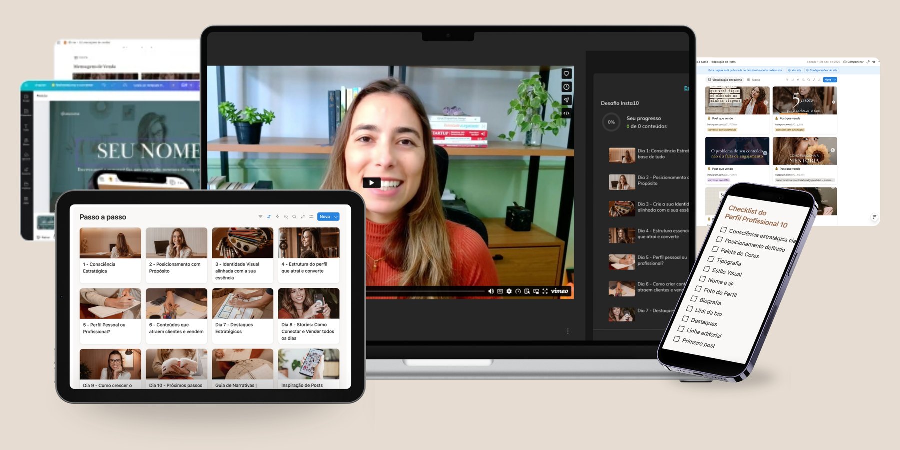 Materiais do Desafio INSTA10: aulas em vídeo, passo a passo no Notion, modelo de identidade visual no Canva, inspiração de posts e checklist do perfil profissional