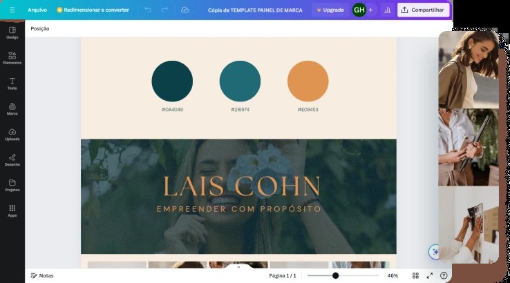 Modelo de identidade visual no Canva, com paleta de cores e nome da marca