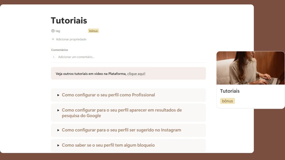 Página de tutoriais do Instagram no Notion